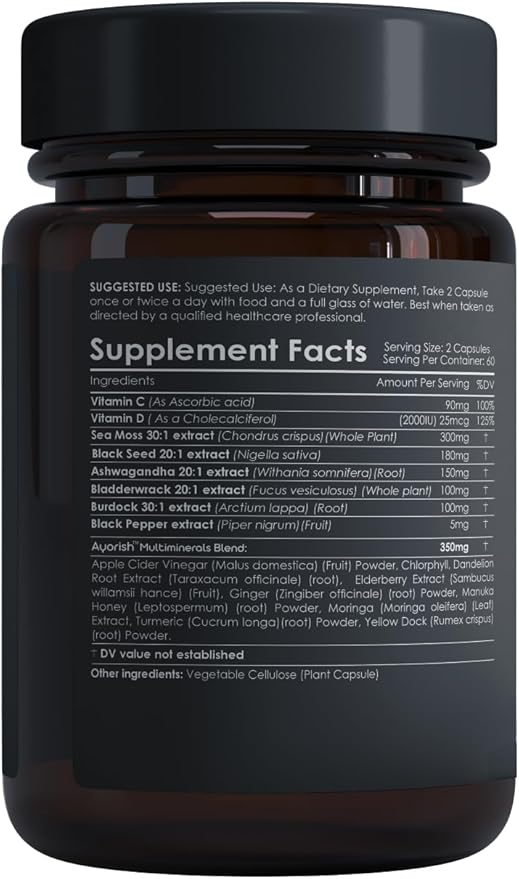 Sea Moss Capsules Black Seed Oil Ashwagandha Bladderwrack Burdock, Vitamin C & D3 with Elderberry Manuka Dandelion Yellow Dock Chlorophyll ACV Moringa Ginger 120