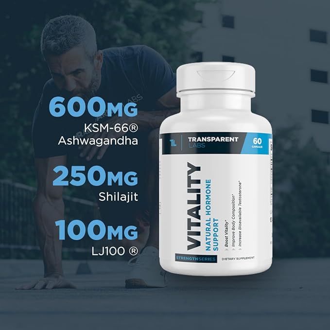 Vitality Testosterone Booster - Testosterone Supplement for Men with Ashwagandha KSM 66, PrimaVie Shilajit Extract, & DIM to Boost Vitality, Strength, & Increase Bioavailable Testosterone - 60 Count