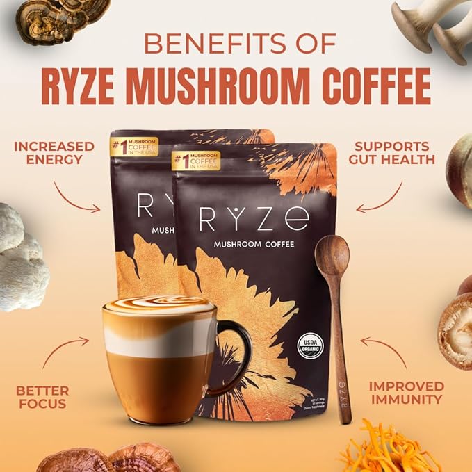 RYZE Starter Kit | Mushroom Coffee Bundle | 6 Adaptogenic Mushrooms | USDA Organic | Instant Coffee | MCT Oil | USA Grown | Better Energy, Focus, Digestion, Immunity | 60 servings