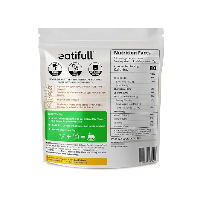 Eatifull Keto Coffee Latte - Instant Coffee (5g) of Collagen & MCT Oil - Sugar-Free, Stevia-Sweetened, High Protein (6g) - Medium Roast - Boosts Energy & Metabolism - 1 Bag