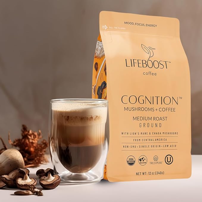 Lifeboost Cognition Adaptogenic Mushroom Coffee - Lions Mane & Chaga Nootropic Coffee - Great Tasting Medium Organic Coffee - Increase Energy, Boost Focus & Immune Support - 12 oz Bag - Ground