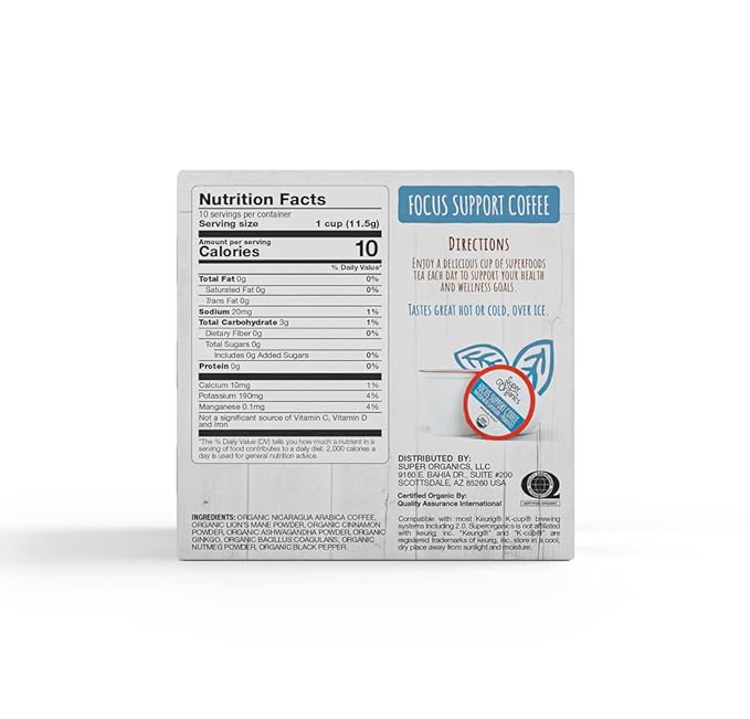 Super Organics Focus Support Coffee Brew Cups With Superfoods & Probiotics Keurig K-Cup Compatible Focus and Adaptogens Medium Roast, USDA Certified, Vegan, Non-GMO Coffee, 60ct
