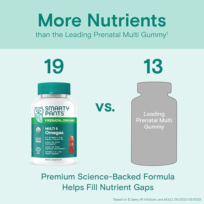 SmartyPants Organic Prenatal Vitamins for Women, 3 (ALA), D3, C, B12, B6, B6, Vitamin K2 & 120 Count (30 Day