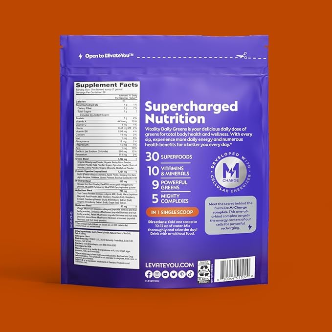 L'Evate You Vitality Daily Greens Powder (28 Servings) 30 Superfoods, 9 Greens - for a Cellular Energy Boost, Powered by M-Charge Complex for All Day Energy (Chocolate)