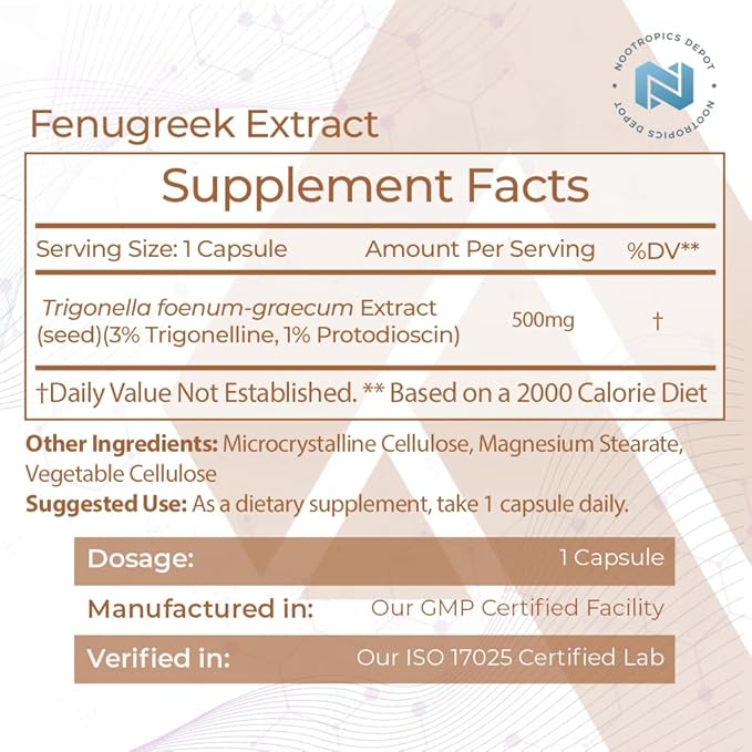 Nootropics Depot Fenugreek Extract Capsules 500mg | 180 ct 3% Trigonelline, 1% Protodioscin
