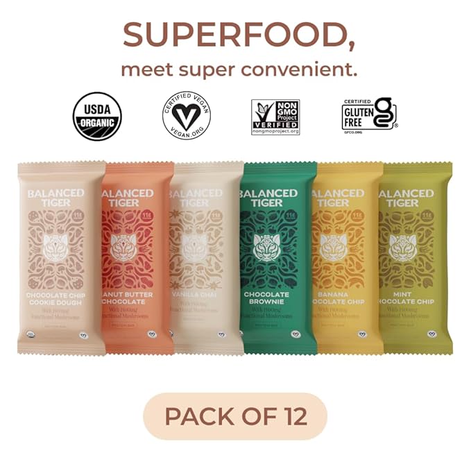 Organic Functional Mushroom Vegan Protein Bars | Made in USA | Full Dose (1500mg) Lions Mane, Chaga, Reishi & Cordyceps Bars | Plant Protein Bars w/Adaptogens & Superfoods | 12 Bars Variety Box