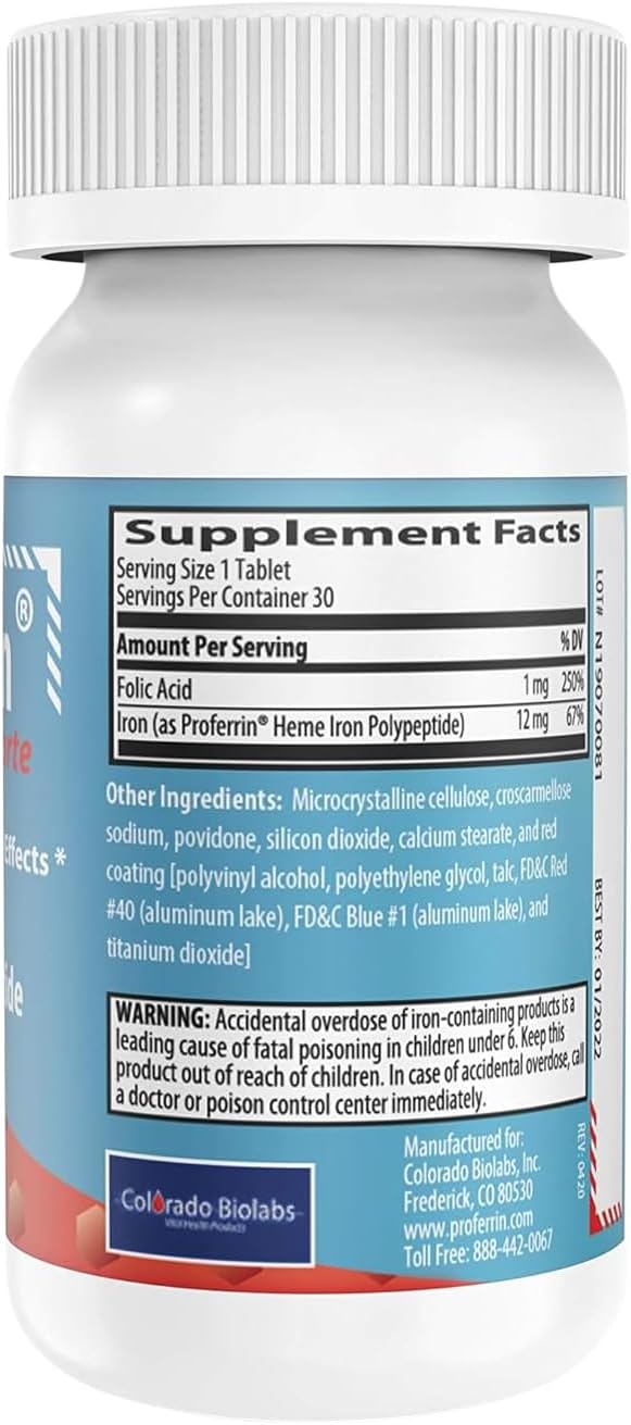 Proferrin Forte-12mg of high Absorbing Heme Iron Polypeptide. Easy on The Gut. 30 Tablets. 1mg of Folic Acid to aid in red Blood Cell Production. Not affected by Coffee, Calcium, or PPI's.