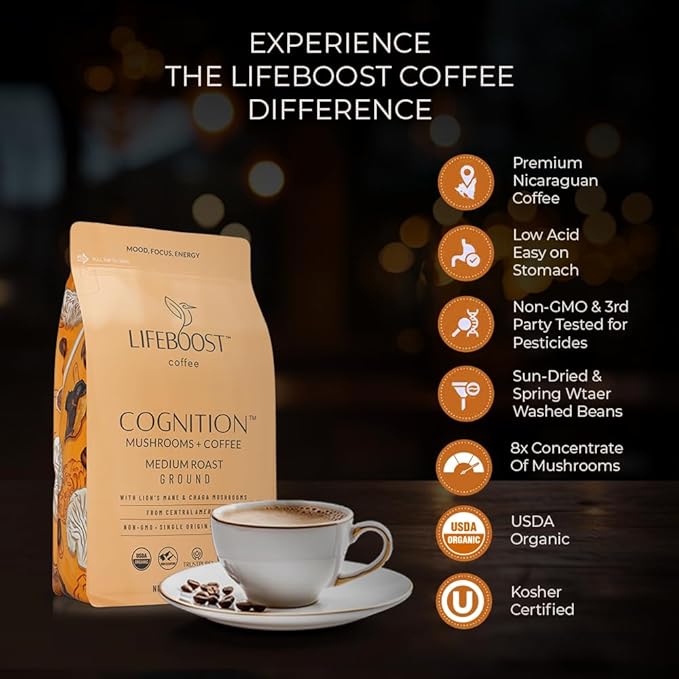 Lifeboost Cognition Adaptogenic Mushroom Coffee - Lions Mane & Chaga Nootropic Coffee - Great Tasting Medium Organic Coffee - Increase Energy, Boost Focus & Immune Support - 12 oz Bag - Ground