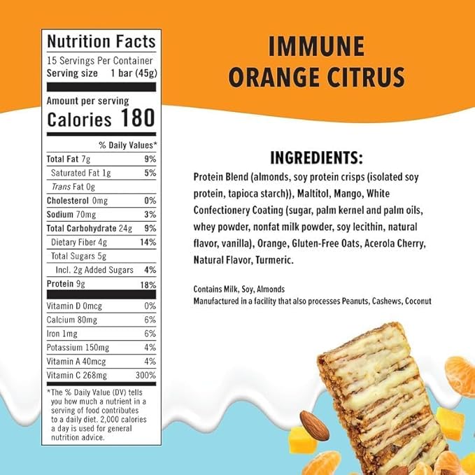 JiMMY'S Immune! Citrus Blast Immune Support Bar - 15 Count - Protein Bar with Immune Fortifying Ingredients: Vitamin C, Turmeric, Orange, Mango, Acerola Cherry and Almonds