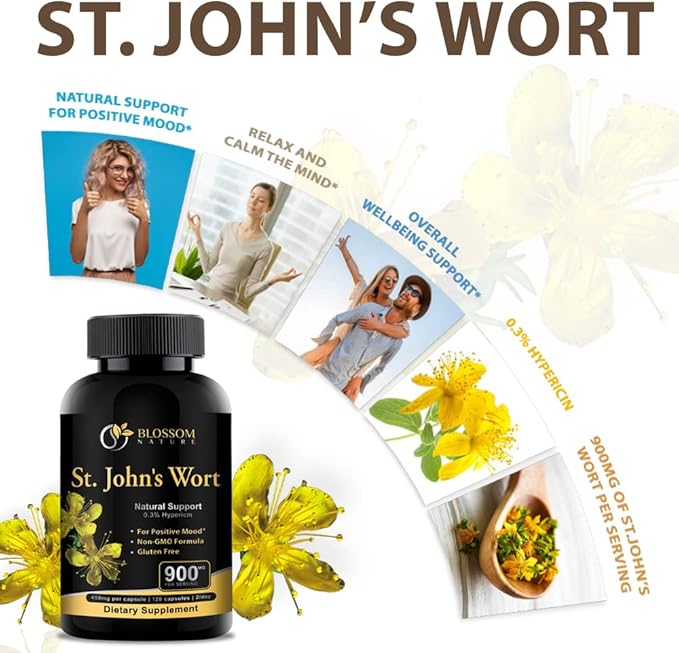 St Johns Wort 900mg-Mood Support Supplement*-Calm Supplements*-120 Vegetable Capsules(2 Month Supply),450mg of Perforatum),0.3%Hypericin per