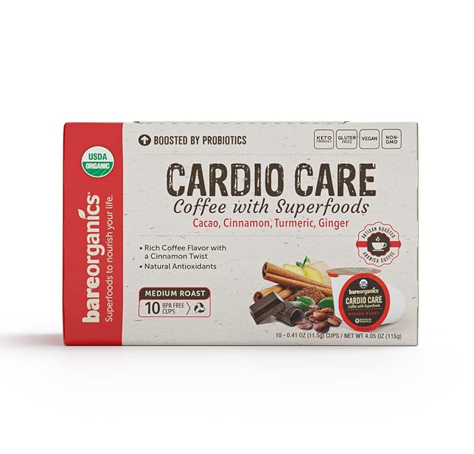 BareOrganics Cardio Care Coffee With Superfoods & Probiotics | Keurig K-Cup Compatible Coffee Pods | USDA Certified Organic, Vegan, Non-GMO & Recyclable 72ct