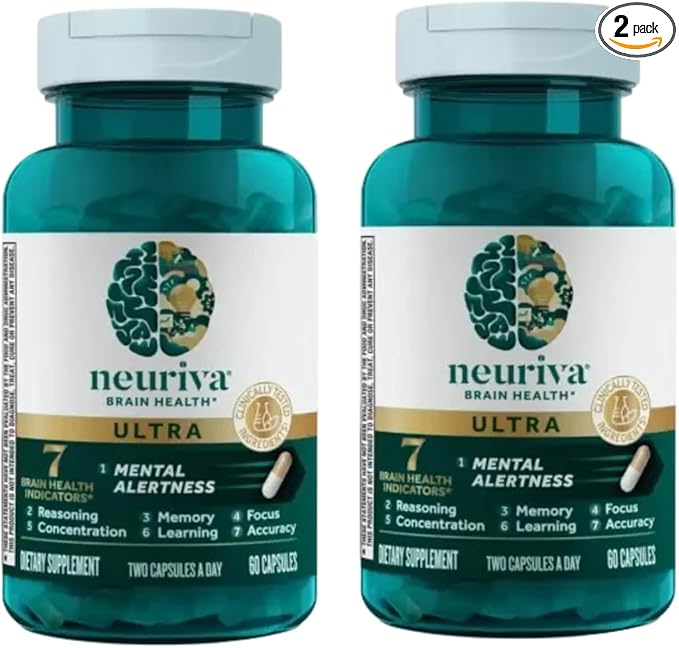 NEURIVA Ultra Brain Supplement for Mental Alertness, Memory, Focus & Concentration with Clinically Tested Cognivive, Neurofactor, Phosphatidylserine, Vitamins B6 & B12, 60 Count Capsules (2 Pack)