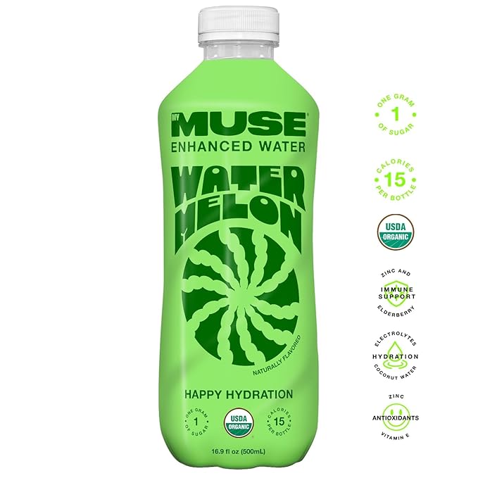 MyMuse Organic Enhanced Flavored Water, Watermelon, 16.9oz Bottle (12 pack), 1G of Sugar, Immune Support with Zinc & Elderberry, Antioxidants Vitamin E, Low Calories, Healthy, USDA organic, Keto Friendly