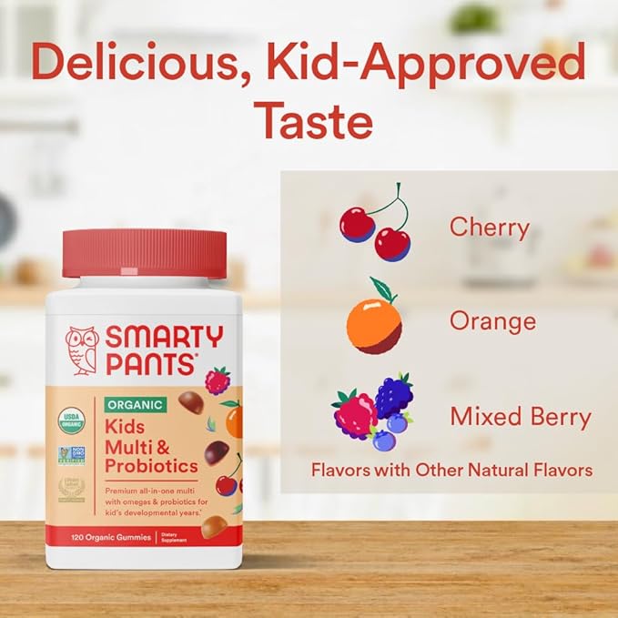SmartyPants Organic Kids Multivitamin Gummies: Probiotics, 3 (ALA), D3, C, B12, B6, B6, Vitamin 120 Count (30 Day
