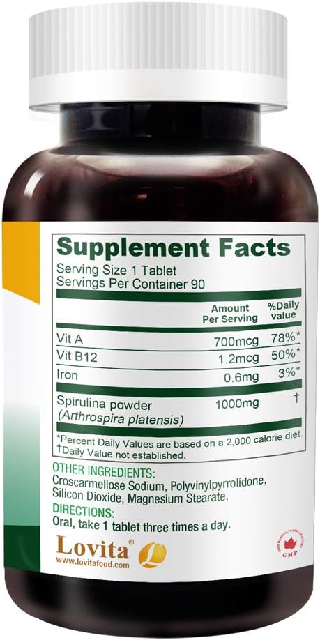 Lovita Organic Spirulina 1000mg per Tablet, 100% Vegan 90 Vegetarian 3)