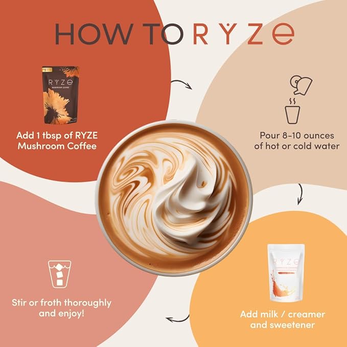 RYZE Starter Kit | Mushroom Coffee Bundle | 6 Adaptogenic Mushrooms | USDA Organic | Instant Coffee | MCT Oil | USA Grown | Better Energy, Focus, Digestion, Immunity | 60 servings