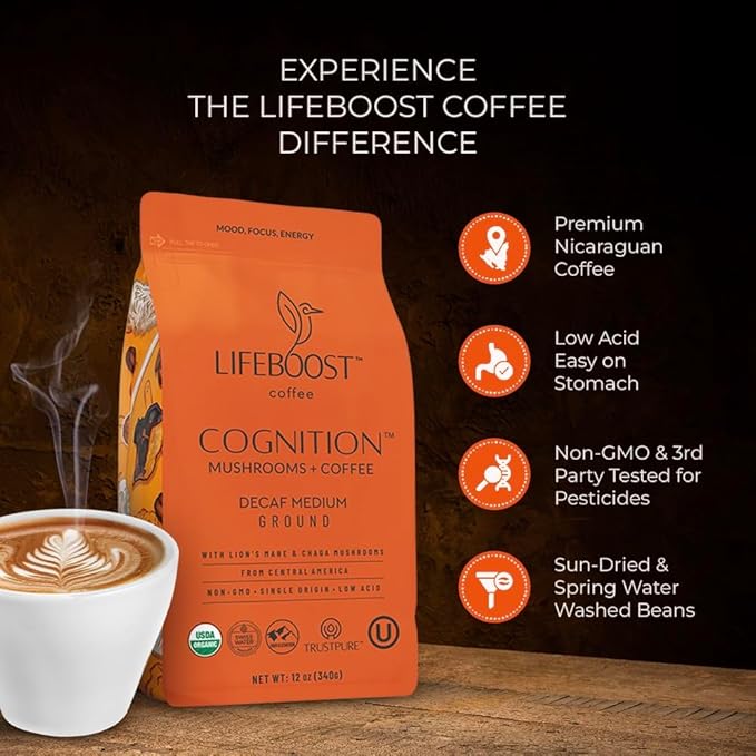 Lifeboost Cognition Adaptogenic Decaf Mushroom Coffee - Lions Mane & Chaga Nootropic Coffee - Low Acid Decaf Medium Organic Coffee - Increase Energy, Boost Focus & Immune Support - 12 oz Bag - Ground