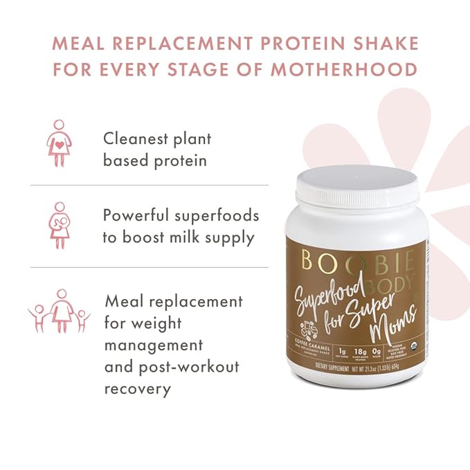 Boobie Body Superfood Protein Meal Replacement Shake, Coffee Caramel Flavor | 19g Protein | Safe For Pregnancy, Lactation, & Motherhood | Organic, Vegan, Zero Sugar, 1 Tub (20 Servings)