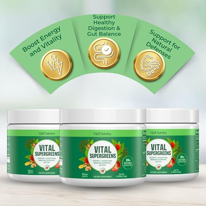 Vital Greens Superfood Powder - Daily Green Drink Powder with Probiotics and Superfoods - Supergreens for Energy Boost, Gut Health, Digestion Support, Plant-Based Nutrition, Vegan Superfoods