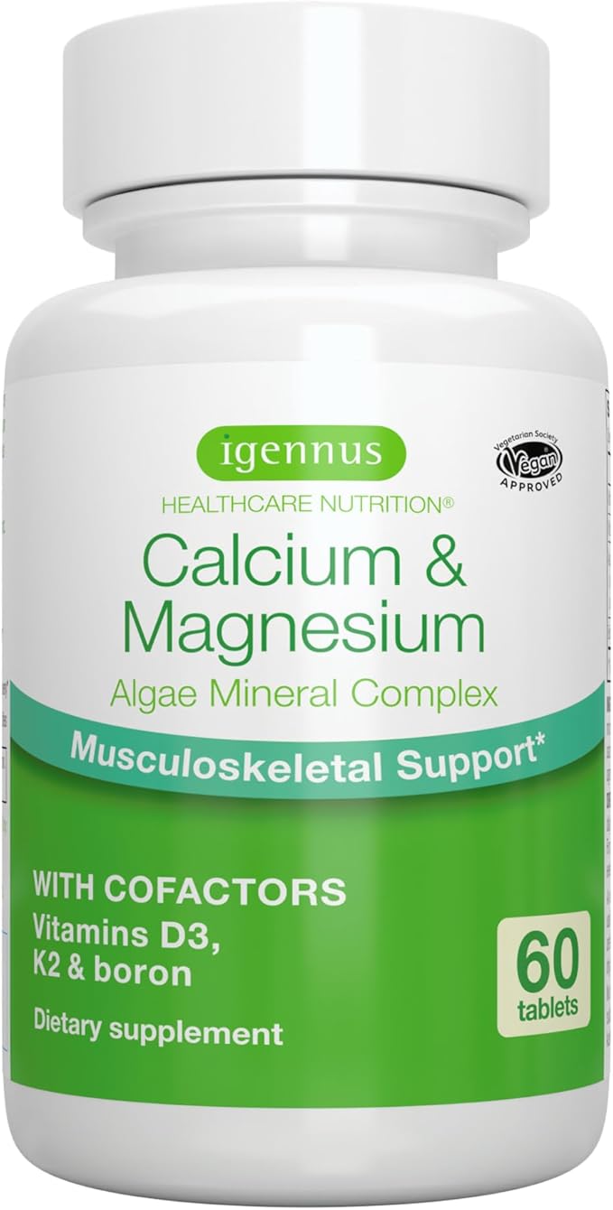 High Absorption Algae Calcium & Magnesium K2 & D3, Non-GMO 60 Tablets,