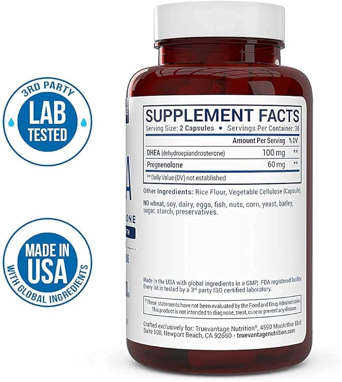 DHEA 100mg Supplement with Pregnenolone 60mg -Supports Hormone Balance, Lean Muscle Mass, Energy, Mood, Sleep, and Healthy Aging in Men and Women- Vegetable Capsules