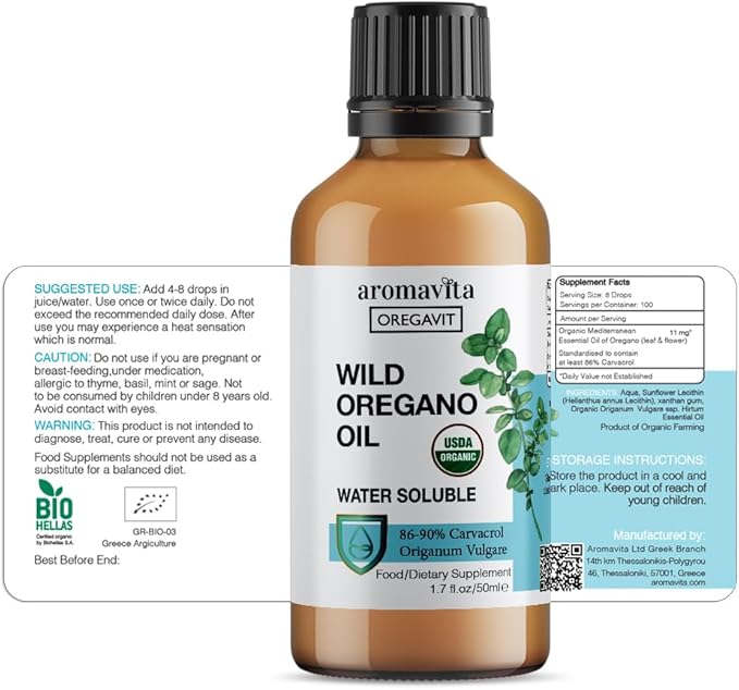 Water Soluble Wild Oregano Oil Organic Liquid Drops - Oregano Oil for Healthy Gums and Sore Throats, Digestive and Immune Support, Respiratory Health