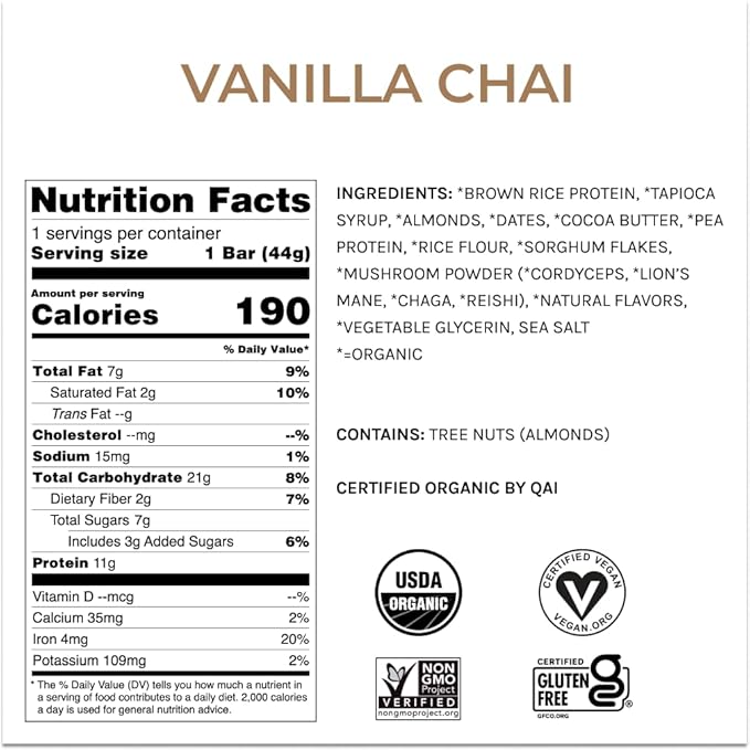 Organic Functional Mushroom Vegan Protein Bars | Made in USA | Full Dose (1500mg) Lions Mane, Chaga, Reishi & Cordyceps Bars | Plant Protein Bars w/Adaptogens & Superfoods | Vanilla Chai Flavor