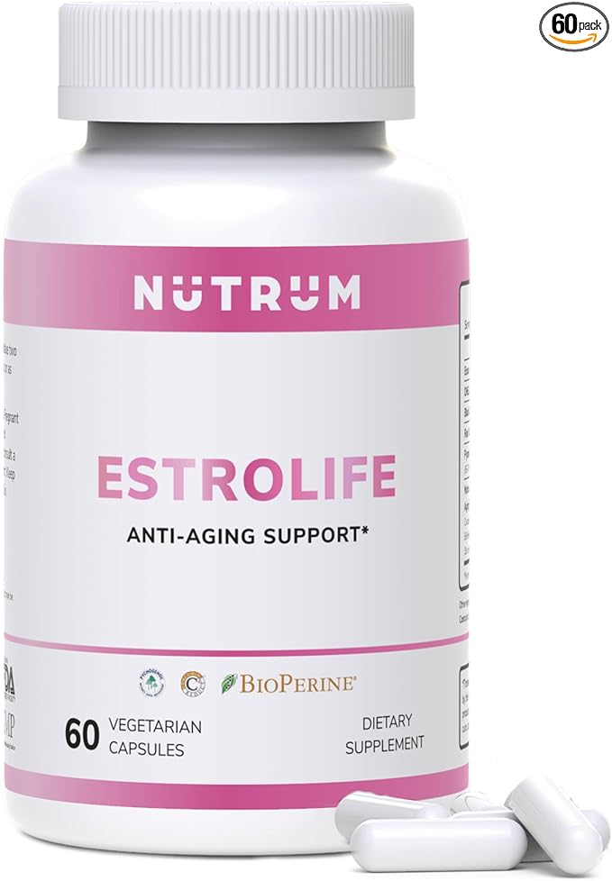 Estrolife Anti-Aging Support for Women by Nutrum, Vegan Supplement for Long Lasting Female Hormonal Balance, Ovarian Function, Skin Hydration, Elasticity and Firmness, Menopause Relief, 60 Capsules