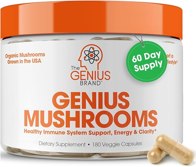 The Genius Brand - Genius Mushroom Supplement - Lion's Mane, Cordyceps, Reishi - Brain Nootropic for Energy, Focus, Overall Wellness, & Immune Support, 180 Veggie Pills