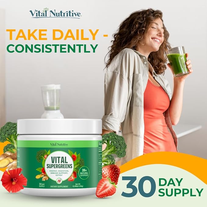Vital Greens Superfood Powder - Daily Green Drink Powder with Probiotics and Superfoods - Supergreens for Energy Boost, Gut Health, Digestion Support, Plant-Based Nutrition, Vegan Superfoods