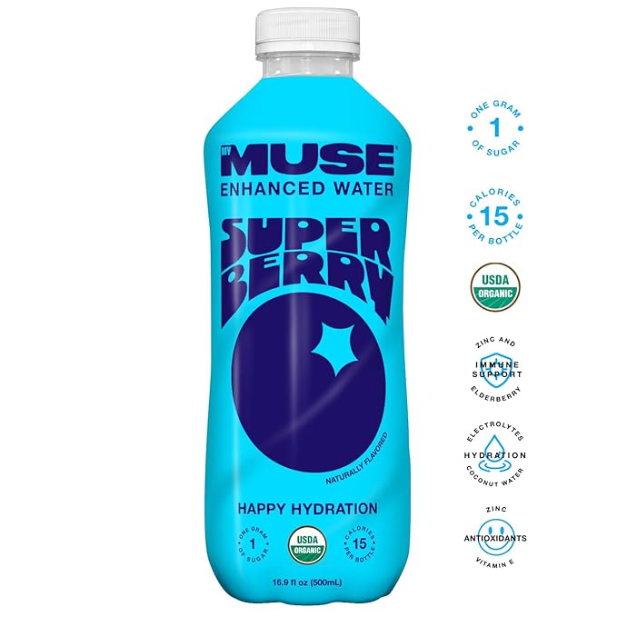 MyMuse Organic Enhanced Flavored Water, Variety Pack, 16.9 Fl Oz Bottle (12 pack), 1G of Sugar, Immune Support with Zinc & Elderberry, Antioxidants Vitamin E, Low Calories, USDA organic, Keto Friendly
