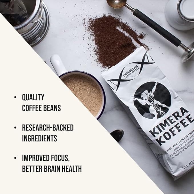 Kimera Koffee Original Blend - Organic Medium Roast Ground Coffee, Vitamin-Infused with Taurine, Alpha GPC, DMAE, L-Theanine for Cognitive Support & Athletic Performance, 12oz