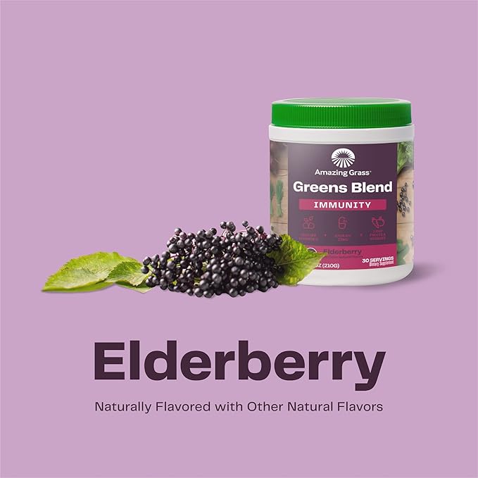 Amazing Grass Greens Superfood for Immune Support: Greens Powder with Organic Spirulina, Chlorella, Beet Root Powder, Digestive Enzymes & Probiotics, Elderberry, 30 Servings
