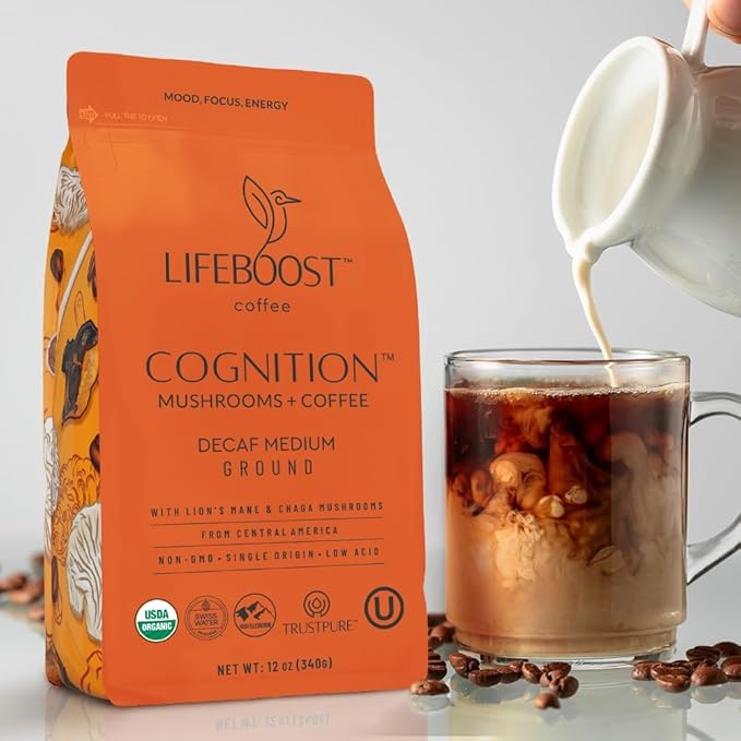 Lifeboost Cognition Adaptogenic Decaf Mushroom Coffee - Lions Mane & Chaga Nootropic Coffee - Low Acid Decaf Medium Organic Coffee - Increase Energy, Boost Focus & Immune Support - 12 oz Bag - Ground