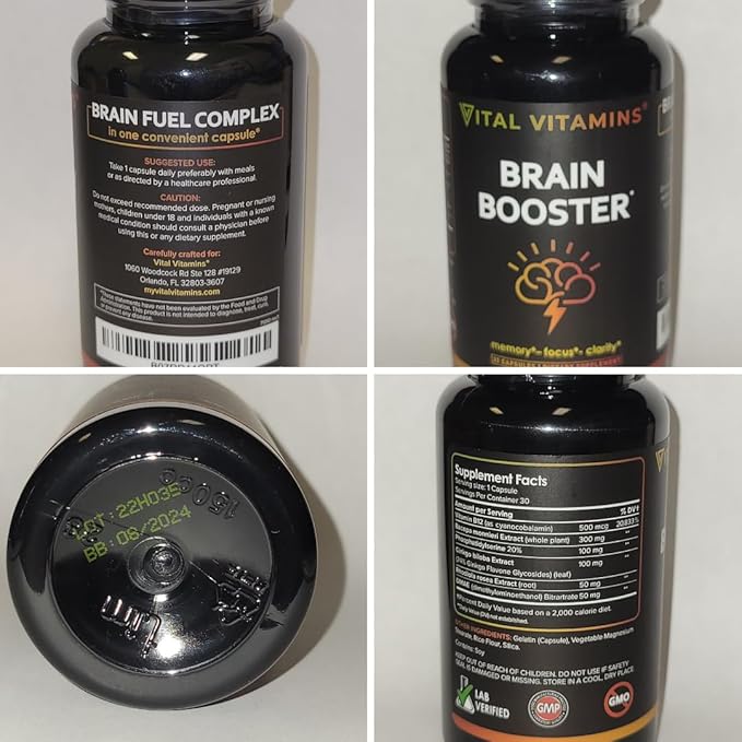 Vital Vitamins Brain Supplements for Memory (2 Pack) B12, Gingko