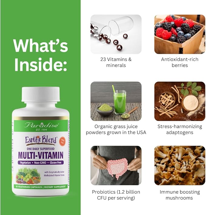 Paradise Herbs Earth's Blend Women's Once Daily Multivitamin with Iron, 48 Organic Superfoods, Probiotics, Antioxidants, Vitamins A, B12, C, D, K2, 60 Capsules
