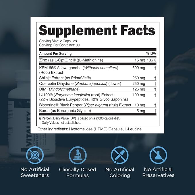 Vitality Testosterone Booster - Testosterone Supplement for Men with Ashwagandha KSM 66, PrimaVie Shilajit Extract, & DIM to Boost Vitality, Strength, & Increase Bioavailable Testosterone - 60 Count