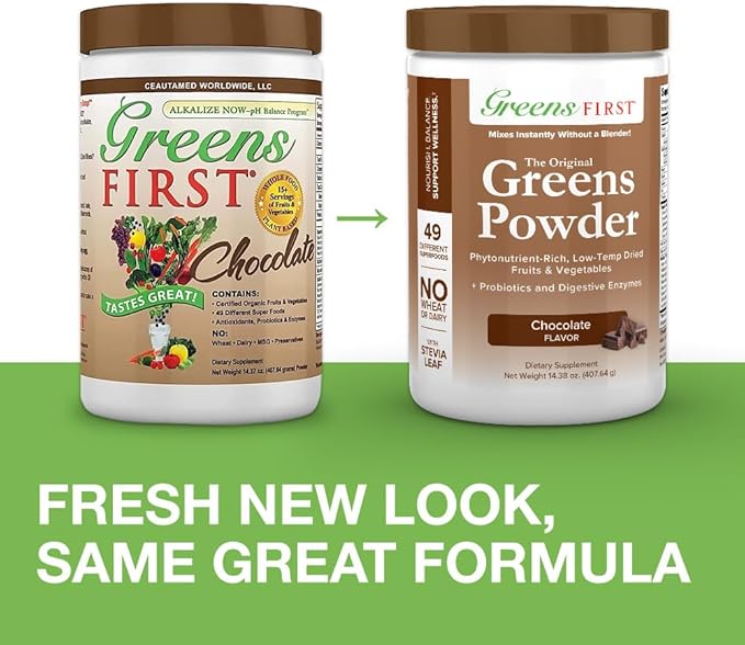 Greens First Original Greens Powder - 49 Superfoods - Organic Fruits & Veggies - Prebiotics, Probiotics, Digestive Enzymes - Antioxidant Smoothie - Dairy Free, Vegan, Non-GMO (Chocolate, 30 Servings)