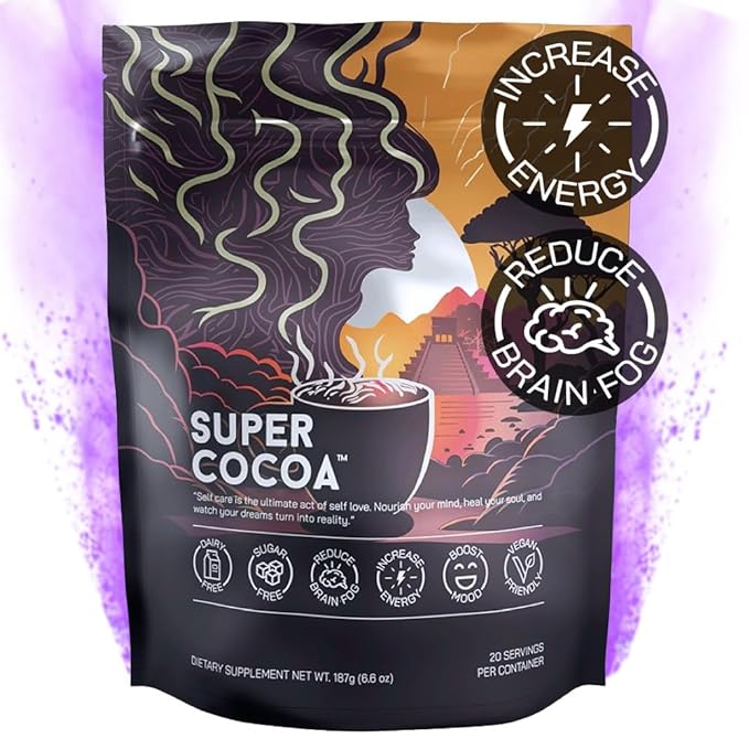 Super Cocoa Coffee Alternative Hot Chocolate Mix - Nootropics Brain Support Supplement for Memory & Focus - Mushroom Coffee Substitute - Dairy Free, Sugar Free, Keto, Vegan Superfood Powder Mix