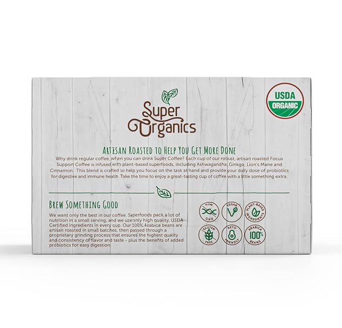 Super Organics Focus Support Coffee Brew Cups With Superfoods & Probiotics Keurig K-Cup Compatible Focus and Adaptogens Medium Roast, USDA Certified, Vegan, Non-GMO Coffee, 60ct
