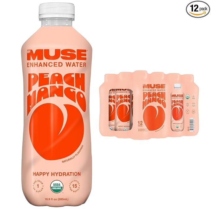 MyMuse Organic Enhanced Flavored Water, Peach Mango, 16.9oz Bottle (12 Pack), Zero Sugar Added, With Zinc, Vitamin A, C & E, Elderberry, Immunity Support, Low Calories, Healthy, Organic, Keto Friendly