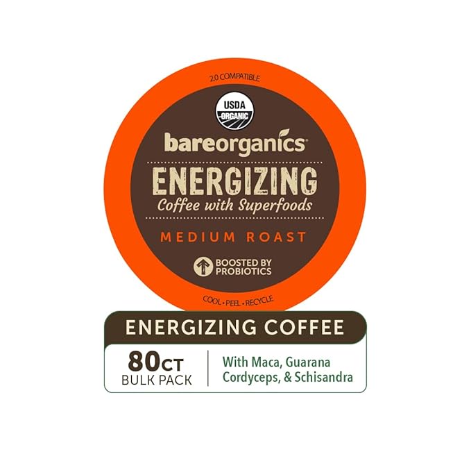 BareOrganics ENERGIZING USDA Organic Coffee Infused with Superfoods & Probiotics, Organic Coffee Pods, Compatible Organic Coffee Pods, Vegan, Gluten Free Single Serve 80ct Bulk Pack (15948)