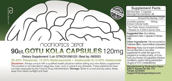 Nootropics Depot Gotu Kola Extract Capsules 120mg | 90 Count 35-45% Triterpenes