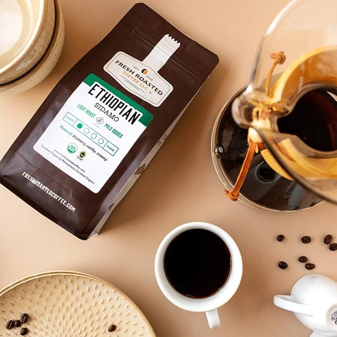 Fresh Roasted Coffee, Fair Trade Organic Ethiopian Sidamo, 5 lb (80 oz), Light Roast, Kosher, Whole Bean