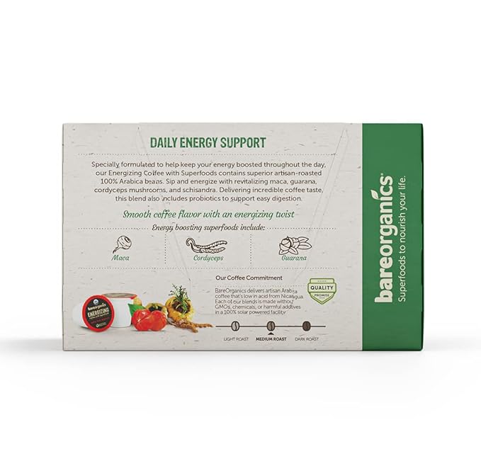 BareOrganics ENERGIZING USDA Organic Coffee Infused with Superfoods & Probiotics, Organic Coffee Pods, Compatible Organic Coffee Pods, Vegan, Gluten Free Single Serve 80ct Bulk Pack (15948)