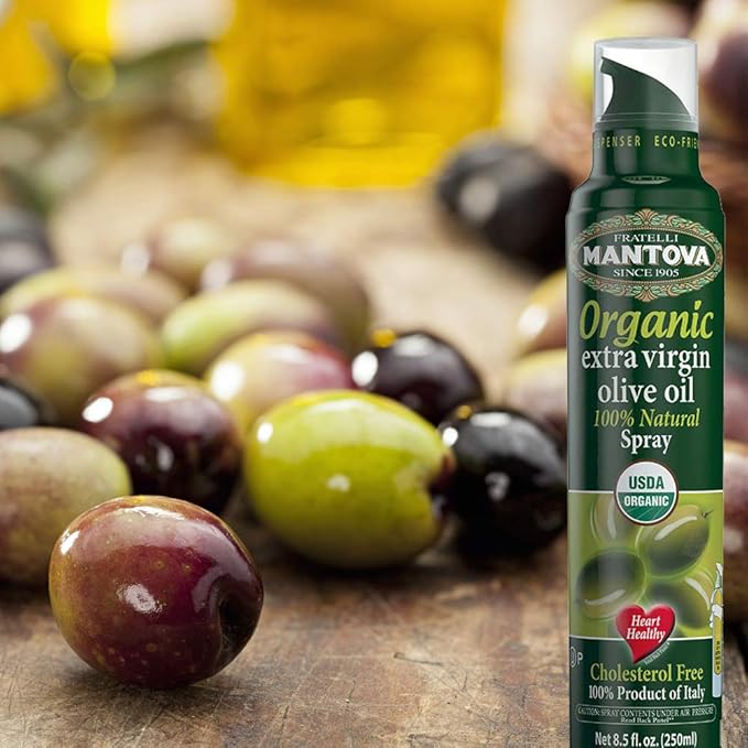 Mantova Organic Extra Virgin Olive Oil Spray, heart-healthy cooking spray perfect for salads, pasta sauces, or grilling, 100% natural cooking oil made in Italy, olive oil dispenser bottle (Pack of 2)