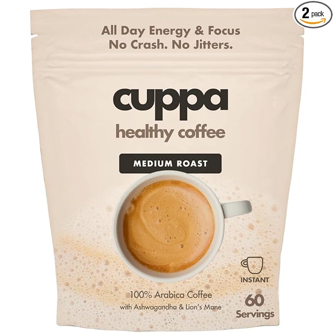 Cuppa Healthy Mushroom Insant Coffee with Lion's Mane & Ashwagandha for All Day Energy & Focus - No Crash or Jitters - Nootropics for Brain Health, Gut Health, Immunity, Stress, Memory + Mood - 60 Servings