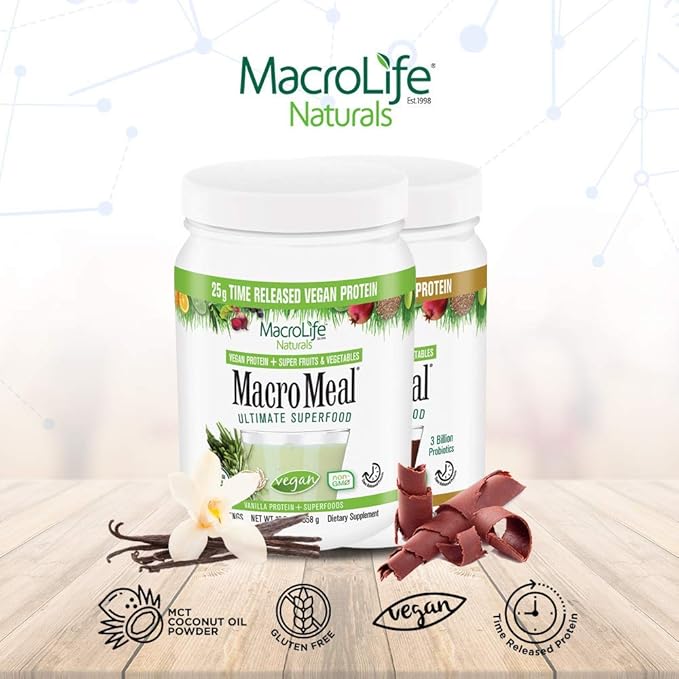 MacroLife Naturals MacroMeal Vegan Protein Powder Superfood Greens Probiotics + Fiber, Immune Energy Digestive Daily Essentials for Women & Men Gluten-Free - (15 Servings) (15 Servings, Vanilla)