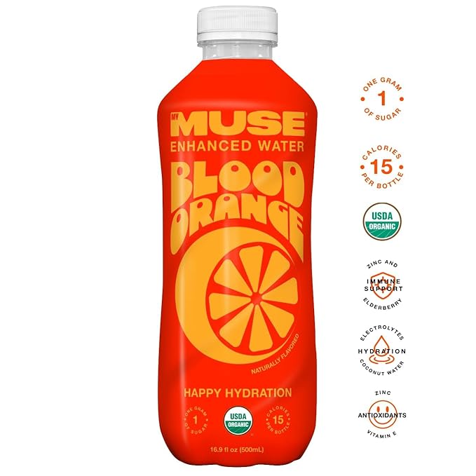 MyMuse Organic Enhanced Flavored Water, Variety Pack, 16.9 Fl Oz Bottle (12 pack), 1G of Sugar, Immune Support with Zinc & Elderberry, Antioxidants Vitamin E, Low Calories, USDA organic, Keto Friendly