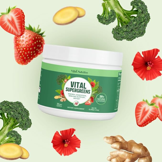 Vital Greens Superfood Powder - Daily Green Drink Powder with Probiotics and Superfoods - Supergreens for Energy Boost, Gut Health, Digestion Support, Plant-Based Nutrition, Vegan Superfoods